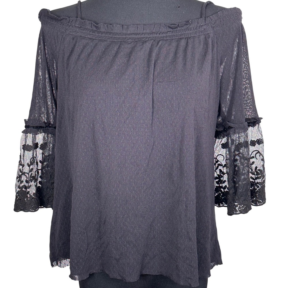 Lace Trim Blouse Womens L Black Off Shoulder Gothic‎ Whimsigoth Fairycore